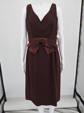 Vintage 1960s Gale Mitchell Brown Sleeveless Satin Bow Midi Cocktail Dress (M)